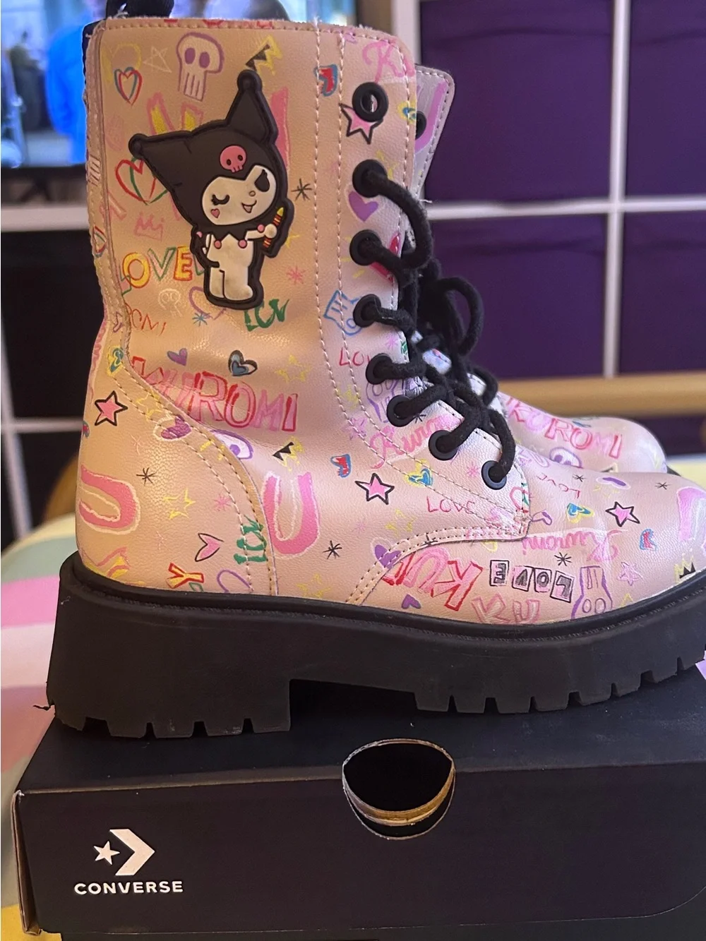 Zara Pink Doodle Lace-Up Combat Boots